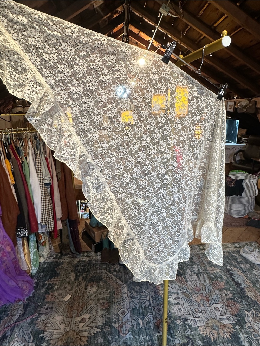 Sheer Floral Lace Ruffled Scarf or Shawl - Ivory